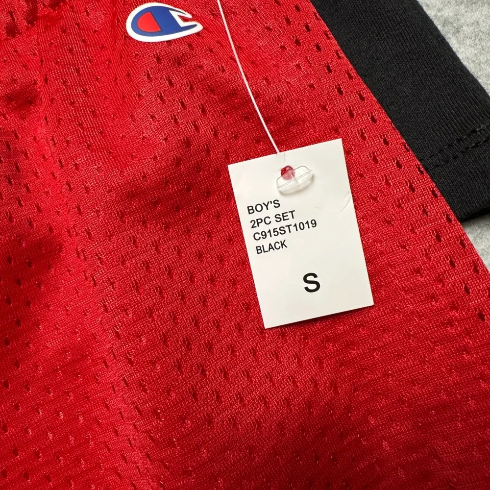 Champion Boys 2-Piece Set Black Graphic T-Shirt Red Mesh Shorts Sz Small (8)